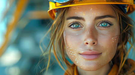 Close-up of a young female construction worker with blue eyes, wearing a safety helmet and reflective gear.の素材