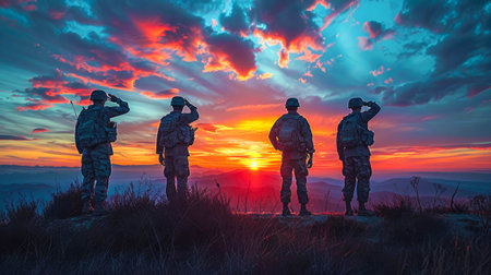 Three USA army soldiers saluting at sunset, highlighting military honor and patriotism.の素材