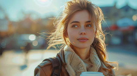 Young woman walking to work, holding a takeout coffee cup and smiling.の素材