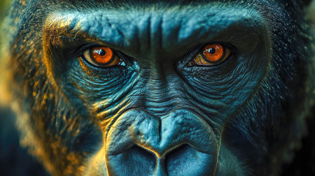 Intense close-up of a Western Lowland Gorilla's striking orange eyes.の素材