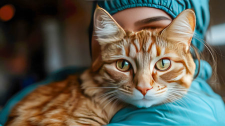 A veterinarian in scrubs and a mask tenderly cuddles a ginger cat, highlighting the deep bond between them.の素材
