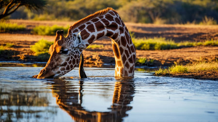 Southern giraffe bending to drink water in the savanna, with droplets splashing from its mouth.の素材