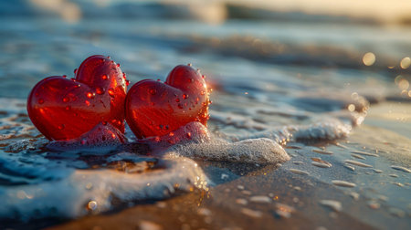 Two red hearts in the sand with the sea in the background, representing love and romance by the seaside.の素材