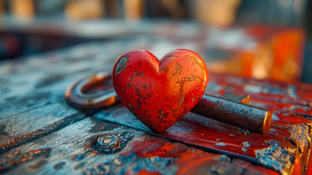 Rustic red heart-shaped key on a weathered wooden table, symbolizing love and access.の素材