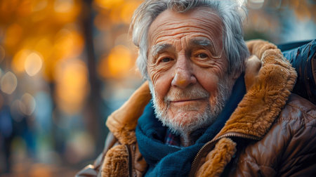 Elderly man with a beard and a thoughtful expression, seated in a wheelchair outdoors.の素材