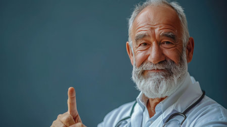 Smiling elderly doctor in a white coat giving a thumbs up, conveying confidence and warmth.の素材