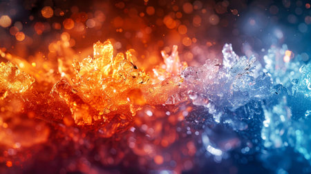 Glass-like structures in vivid blue and orange colors, with a bokeh background. Captivating abstract concept.の素材