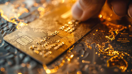 Close-up of an elaborately designed gold credit card on a dark reflective surface, symbolizing wealth and luxury.の素材