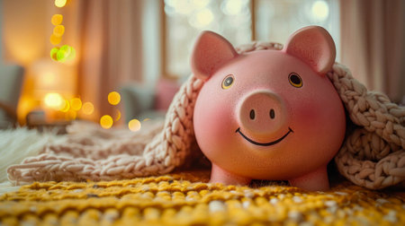 Cozy indoor scene with a smiling piggy bank wrapped in a knitted blanket.の素材