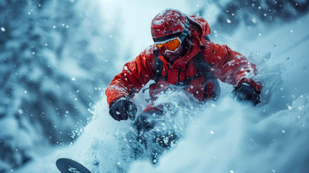 Snowboarder jumping from a hill in winter, creating a dynamic action shot with snow flying.の素材