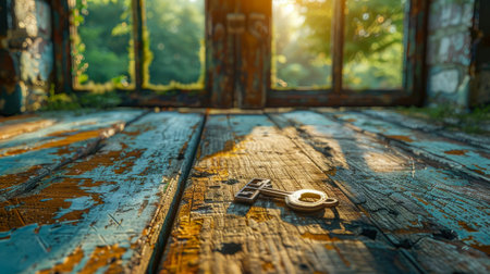 Antique key on a wooden table in an old room with large windows and natural light.の素材