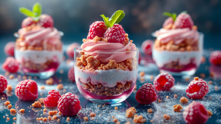 Delicious raspberry parfait dessert in glass cups, topped with fresh raspberries and mint leaves.の素材