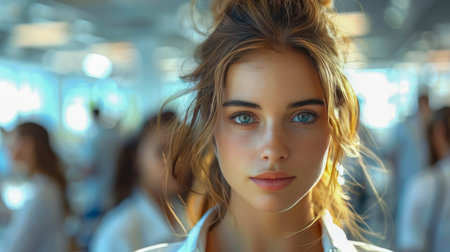 Close-up of a woman medical doctor with blue eyes and tousled hair, standing in a bright, blurred background.の素材