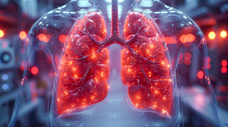 Futuristic 3D hologram of human lungs in a clean, white room.の素材
