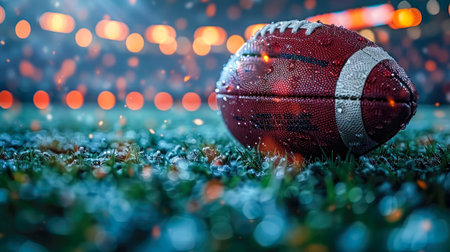 Football on wet grass, photorealistic, rainy stadium, sports concept.の素材