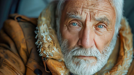 Elderly man with a beard and a thoughtful expression, seated in a wheelchair outdoors.の素材