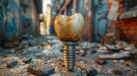Close-up of a dental implant showing a natural tooth fused with a metal screw, on a textured surface. Concept of dental technology and prosthetics.の素材