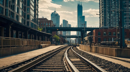 Modern urban industrial landscape with curved train tracks and skyscrapers.の素材