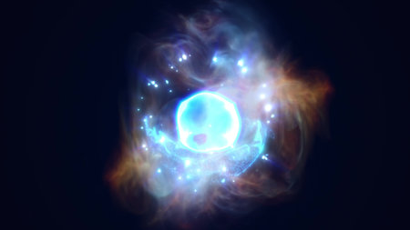 A glowing blue celestial sphere surrounded by swirling nebula-like clouds in deep space, emitting...