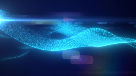 Blue glowing magic waves from energy particles abstract background.