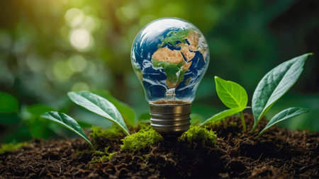 Eco-Friendly Concept with Earth Lightbulb on Leaves.A creative display of an eco-friendly concept with a lightbulb depicting the Earth.の素材