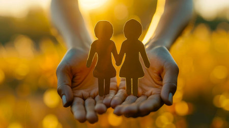 Hands holding paper family cutout, family home, foster care, world mental health day.の素材