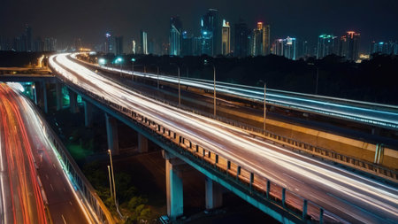 Aerial view of Road Traffic jam on multiple lane highway with speed light trail from car background, Expressway road junction in metropolis city center at night.の素材