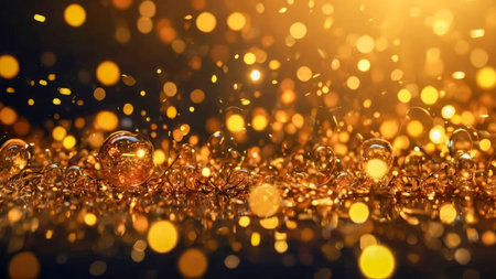 abstract golden bokeh with flying dots circles energy particles and light rays background.の素材