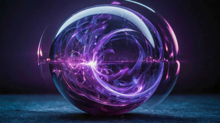 Abstract purple glowing energy magic bright high tech sphere ball circle in fire and smoke background.の素材