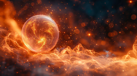 Abstract yellow orange glowing energy magic bright high tech sphere ball circle in fire and smoke background.の素材