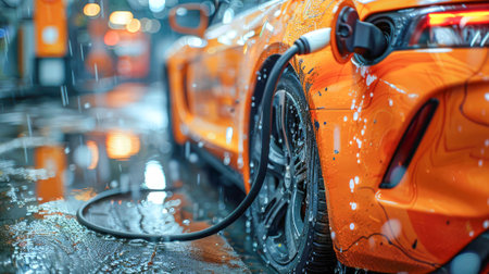 Charging an electric car in the rain. Close-up.の素材