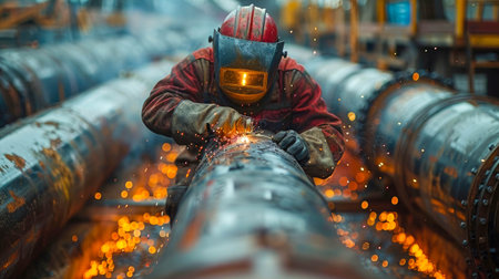 Welder at work in a factory. He is welding steel pipes.の素材