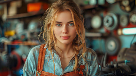 Portrait of a beautiful young woman in the garage.の素材