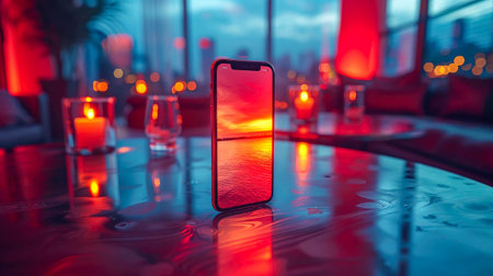 Smartphone with neon light on the bar counter in a nightclub.の素材