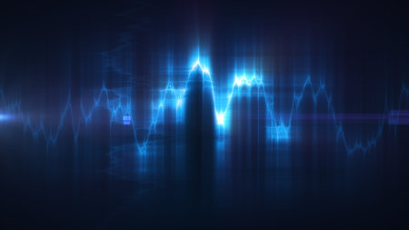 Abstract blue glowing waveform with layered light patterns, representing digital sound analysis,...