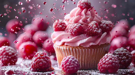 Cupcake with pink frosting and fresh raspberries on a red background.の素材