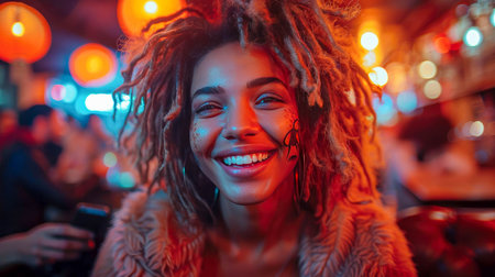Portrait of young woman with dreadlocks smiling and looking at camera while standing in cafe.の素材