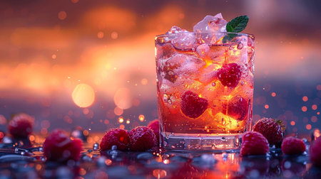 Delicious refreshing alcoholic drink cocktail in a glass with raspberries and ice on a counter in a bar.の素材