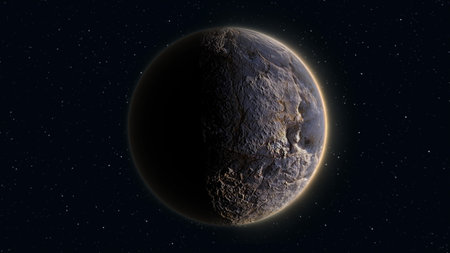 Abstract realistic space planet round sphere with a stone relief surface in space.