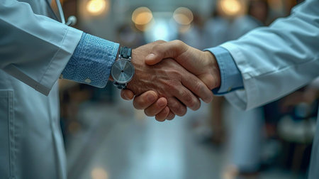 Doctor and patient shaking hands, closeup of hands. Medicine and healthcare concept.の素材