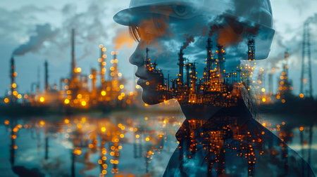 Double exposure of woman in gas mask and oil refinery. Concept of industry 4.0.の素材