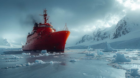 Red ship on the ice floe in Antarctica.の素材