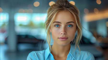 Car sales manager at a car dealership, beautiful young woman.の素材