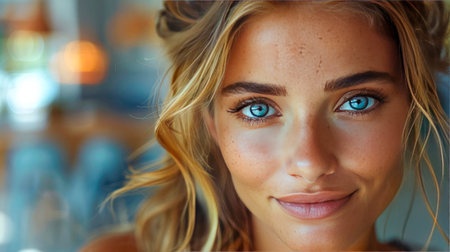 Portrait of beautiful young woman with blue eyes in a cafe.の素材