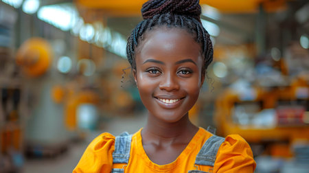 Portrait of a young woman in a plant workshop in industrial factory,の素材