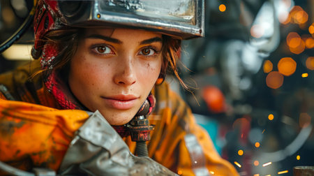 Industrial worker with protective mask and helmet welding steel in factory.の素材