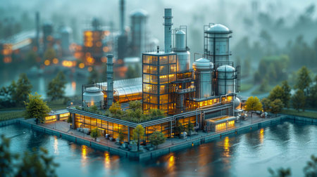 Industrial landscape with factory on the water.の素材