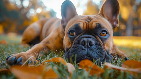 French bulldog lying on the grass in the garden at sunset.の素材
