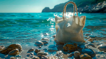 Sack of seashells on the seashore at sunset, beach bag and seashells on the seashore.の素材