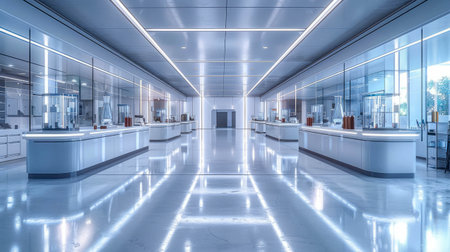 Laboratory glassware with blue light in the chemical laboratory with bottles in a row.の素材